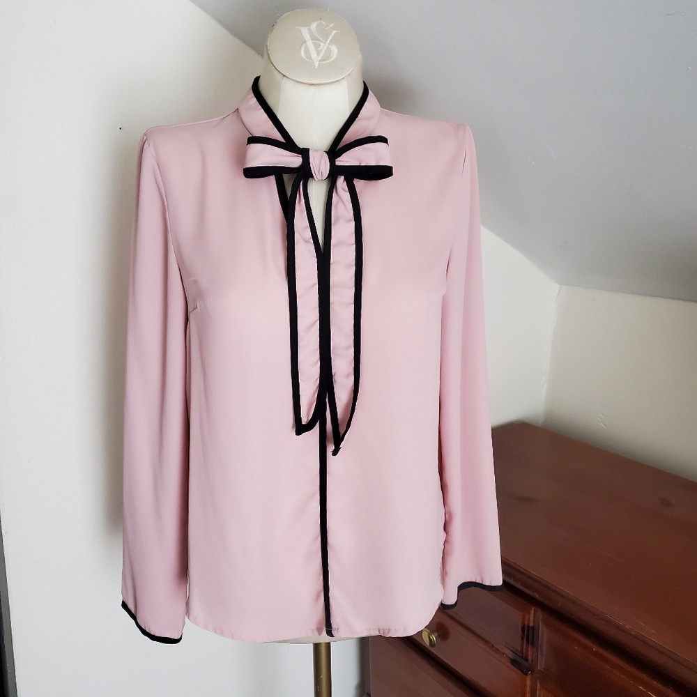Pink Blouse with Black Trim And Bow